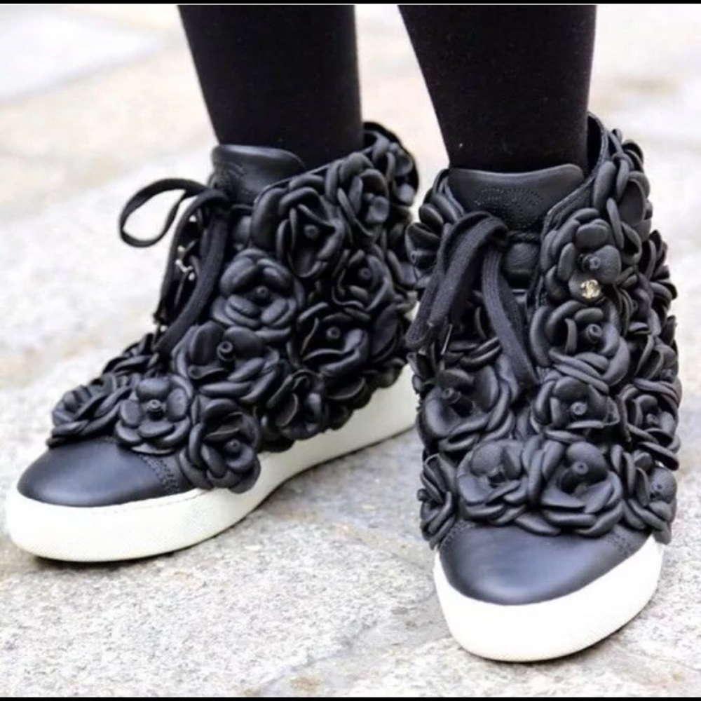 Chanel Camellia Sneakers Black Leather Hightops